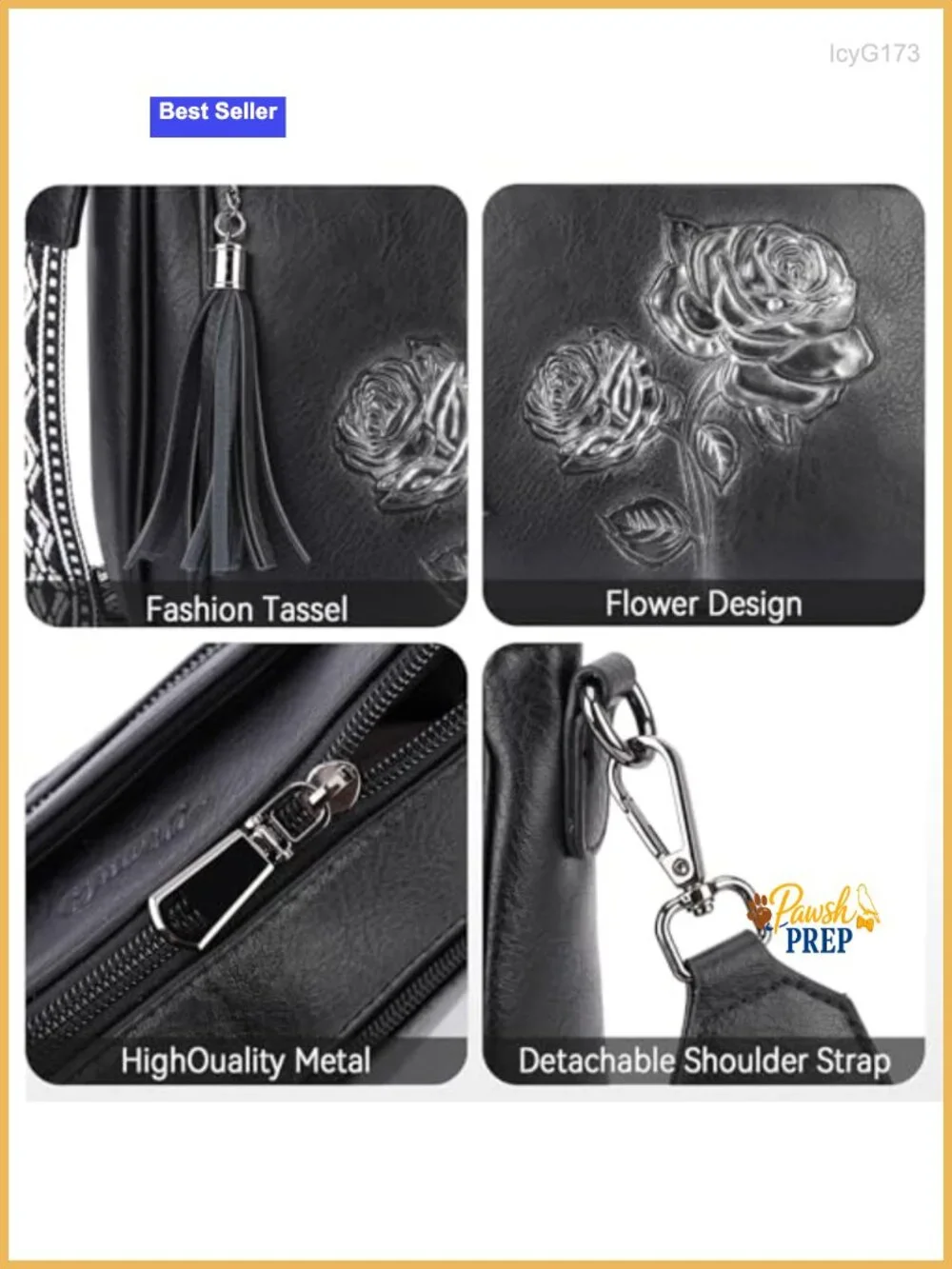 Vegan Leather Hobo Crossbody Bag Embossed Floral Purse